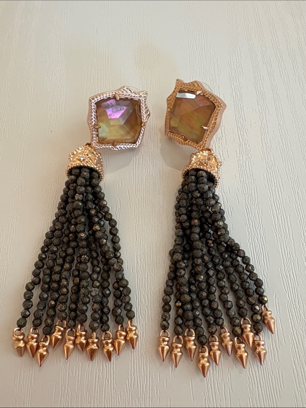 Rose Gold and Brown Tassel Drop Earrings - Faceted Stone Accent